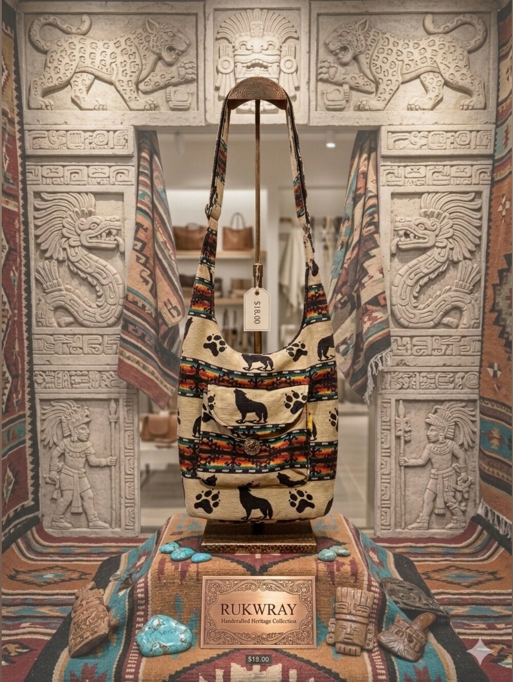 Rukwray Boho Hobo Sling Bag Wolf & Paw Prints Woven Tapestry Southwest Aztec